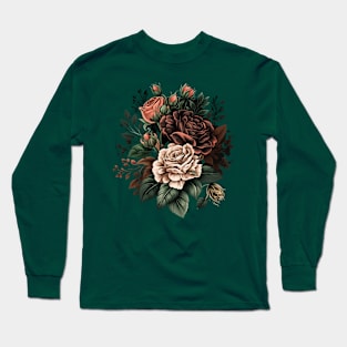 Vintage Roses Flower Floral Illustration Blossom Long Sleeve T-Shirt